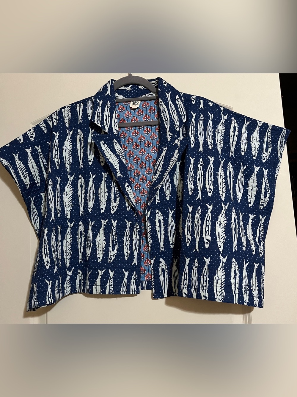 IVY JANE Fish Camp Jacket in Navy, blue&white fish print, floral inside NEW M/L